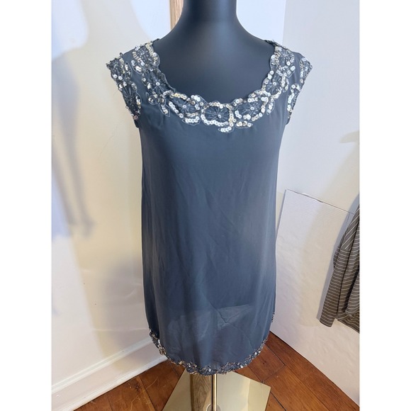 Forever 21 Dresses & Skirts - Twenty One Grey Beaded Sequin Shift Dress Sheer Overlay Cap Sleeve Small